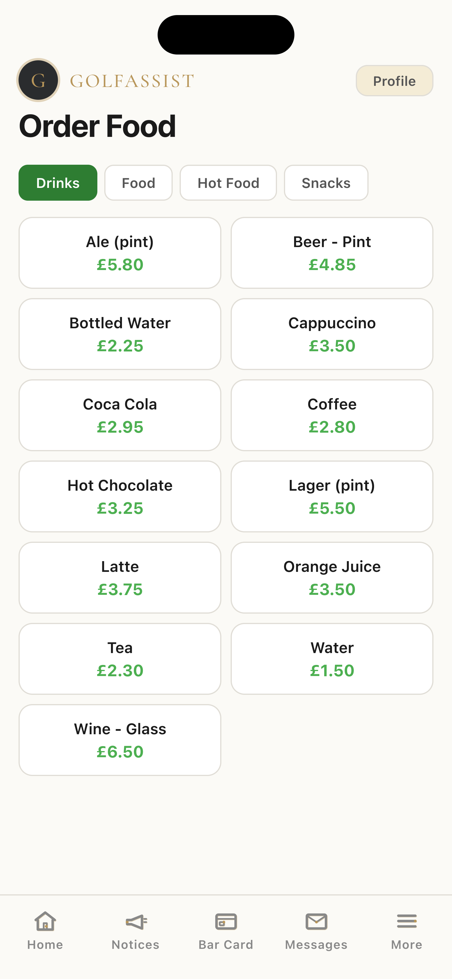 Ordering food from the course