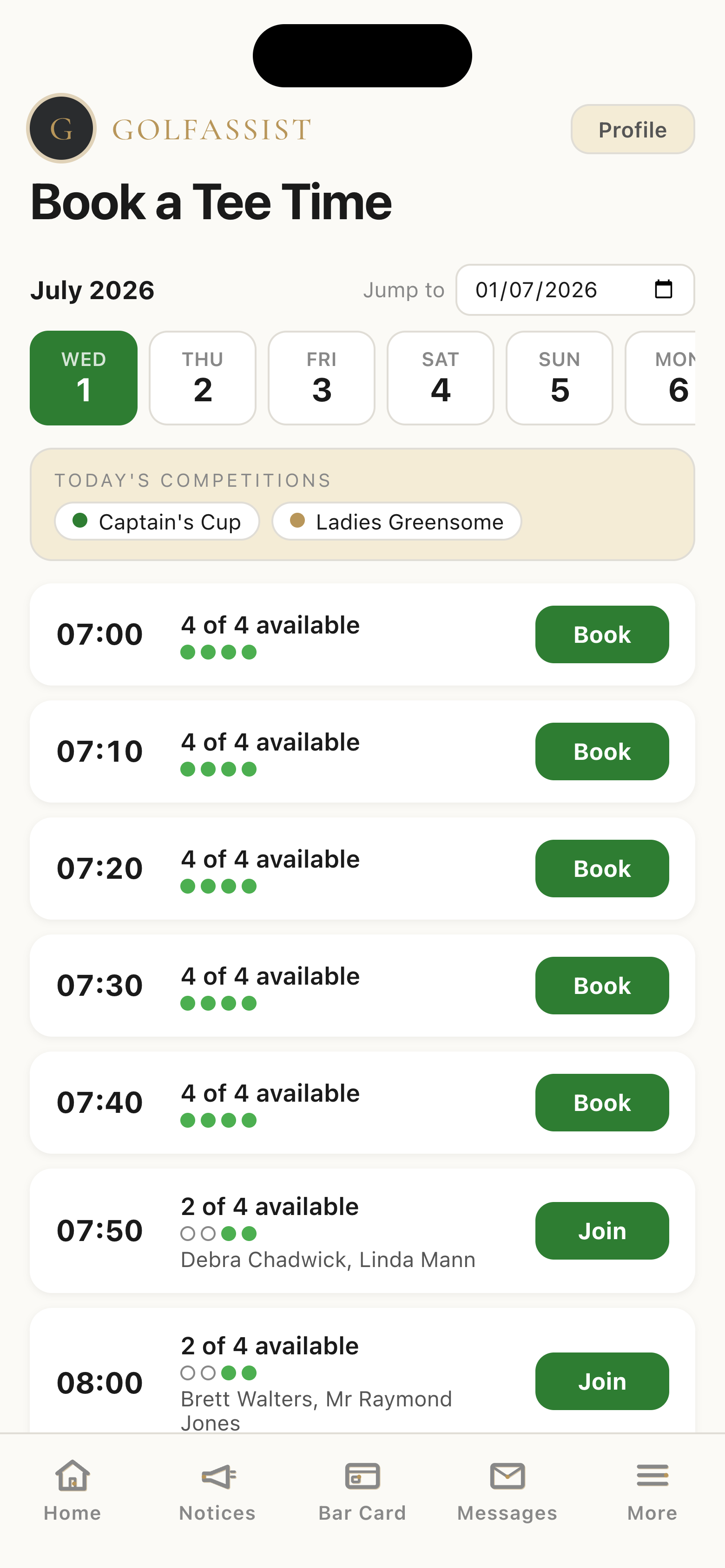 Tee time booking in the member app