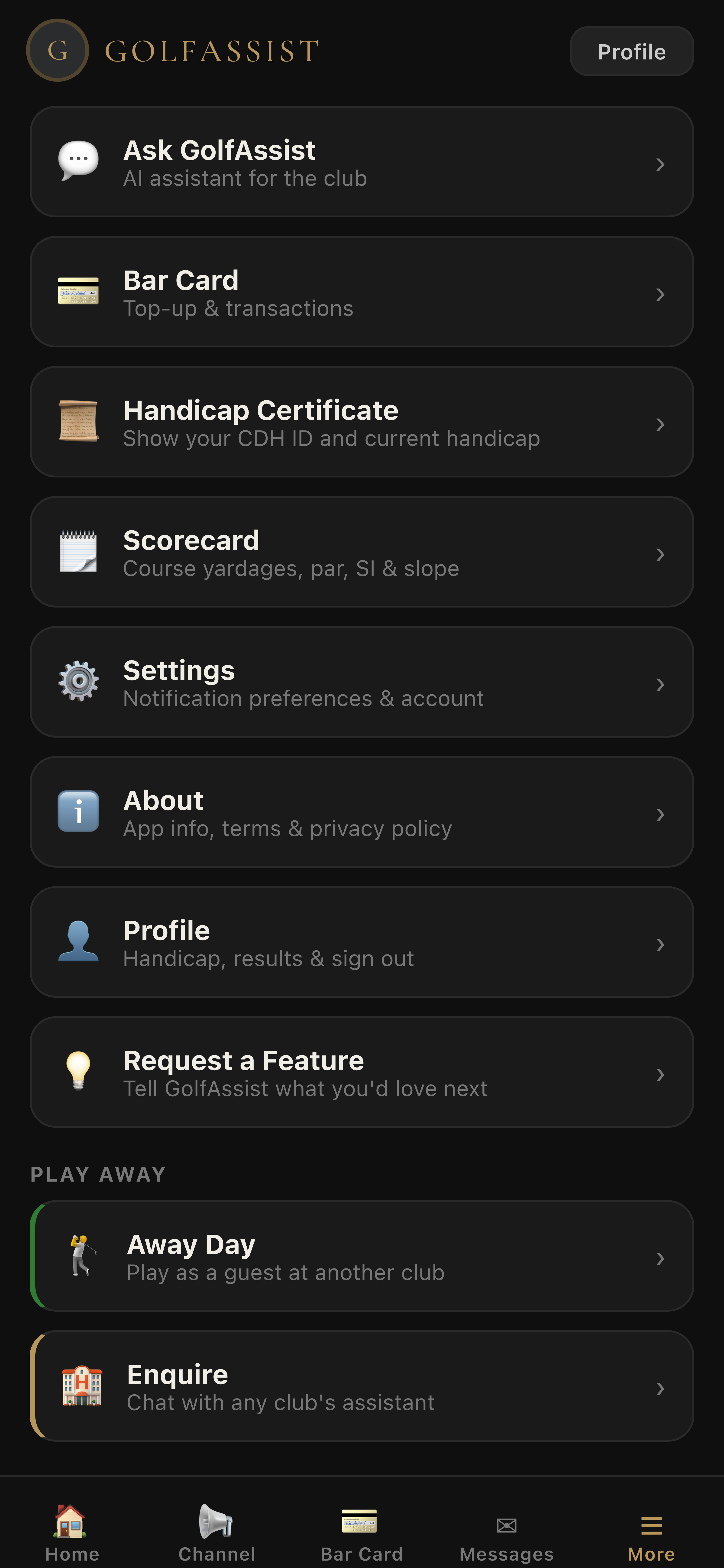 More menu including Play Away