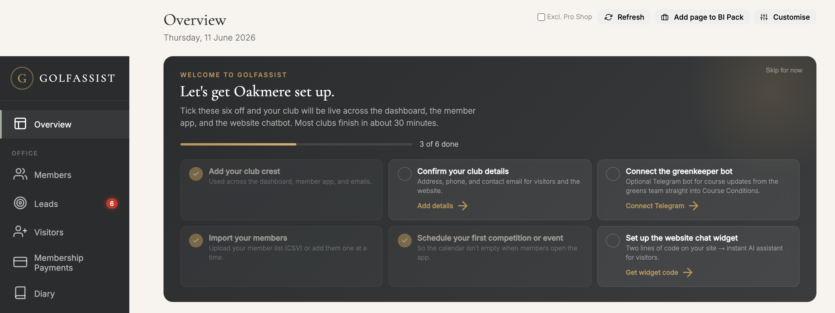 GolfAssist setup checklist on the dashboard