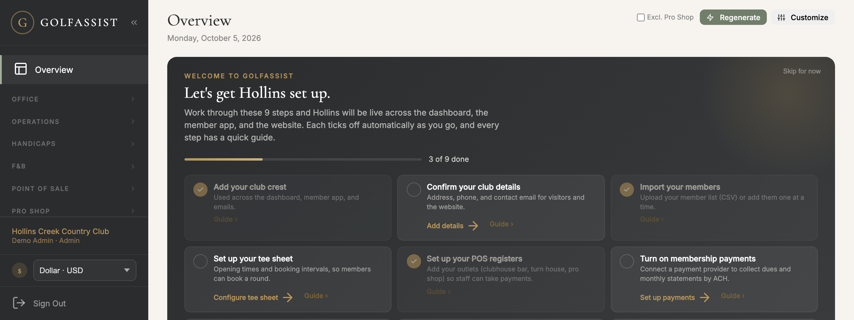 GolfAssist setup checklist on the dashboard